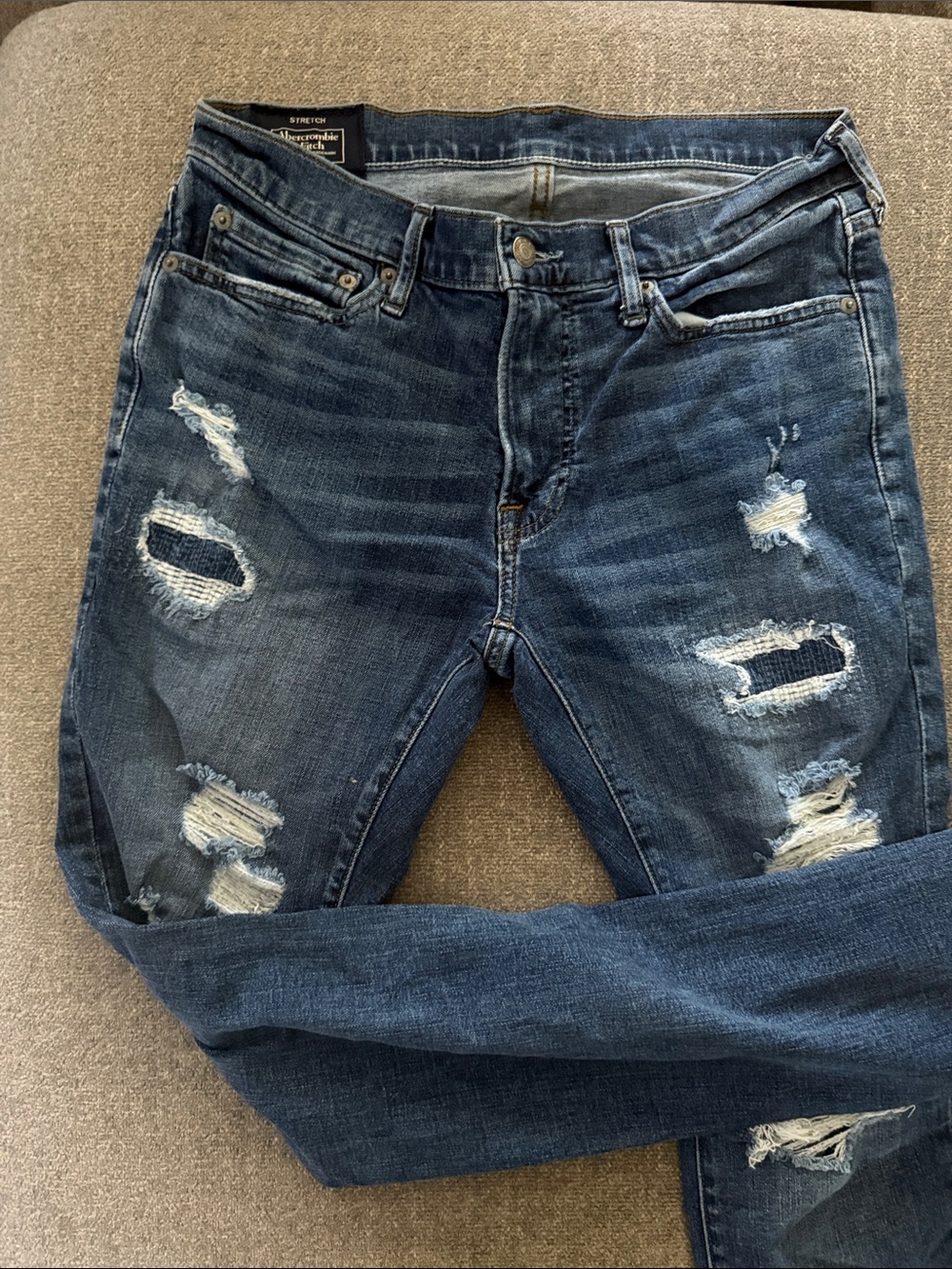 Abercrombie & Fitch Men's Dark Blue Distressed Slim Straight Jeans